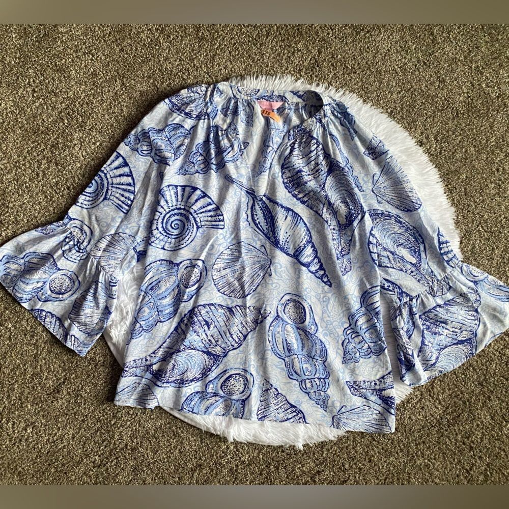 Lilly Pulitzer Matilda Silk Peri Stuffed Shells Top‎ Bell Sleeves Womens Large